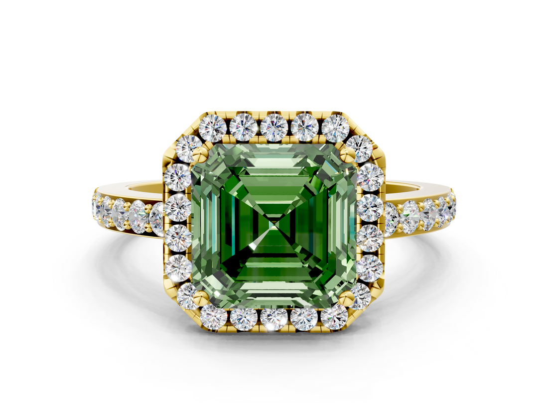 Yellow gold Fancy Green Asscher  Halo Diamond Pavé Band Ring with Prong Setting