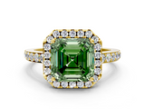 Yellow gold Fancy Green Asscher  Halo Diamond Pavé Band Ring with Prong Setting