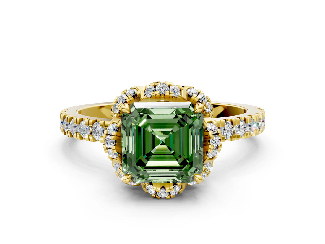 Yellow gold Fancy Green Asscher  Halo Diamond Pave Band Ring with Four-Prong Setting_15