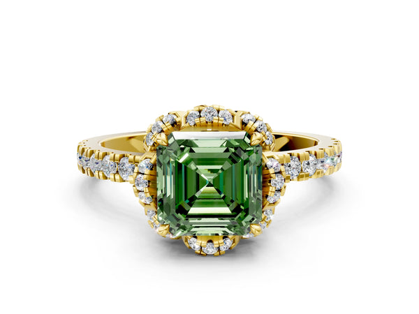 Yellow Gold Asscher Cut Petal Cutout Halo Engagement Ring Setting for Fancy Green Center