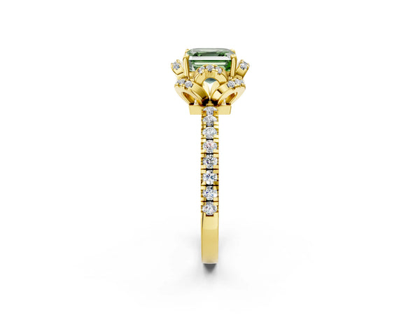 Yellow Gold Asscher Cut Petal Cutout Halo Engagement Ring Setting for Fancy Green Center