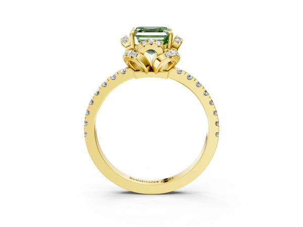 Yellow Gold Asscher Cut Petal Cutout Halo Engagement Ring Setting for Fancy Green Center