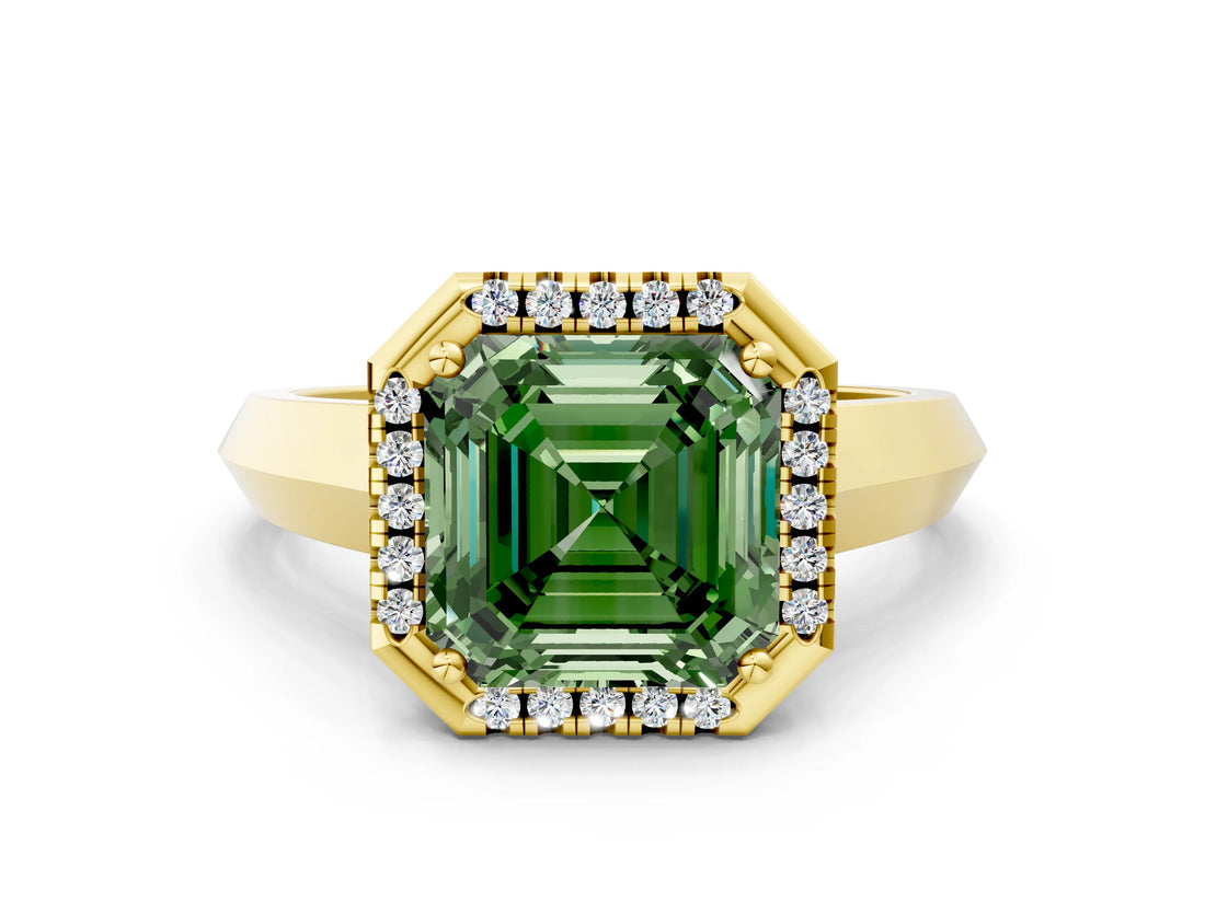 Yellow gold Fancy Green Asscher  Halo Diamond Ring with Cathedral Band and Four-Prong Setting_51