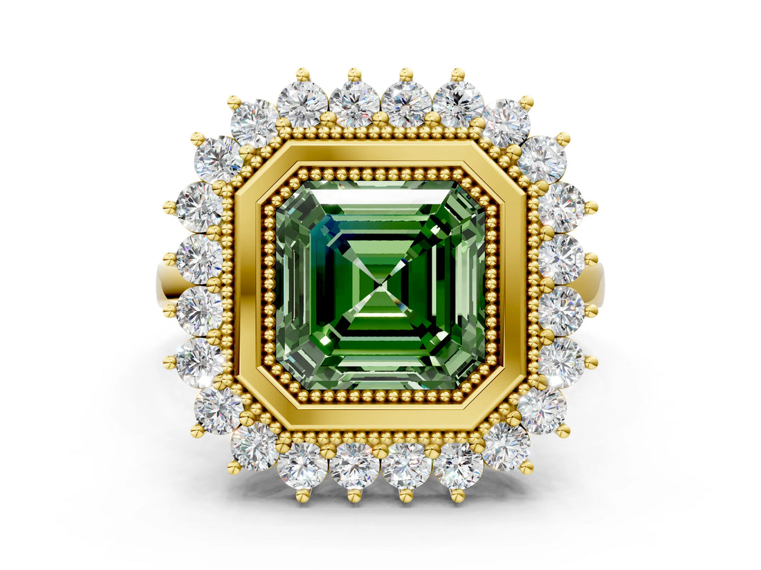 Yellow gold Fancy Green Asscher  Halo Diamond Ring with Milgrain Edge and Round Prong Setting_28