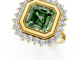 Yellow gold Fancy Green Asscher  Halo Diamond Ring with Milgrain Edge and Round Prong Setting_29
