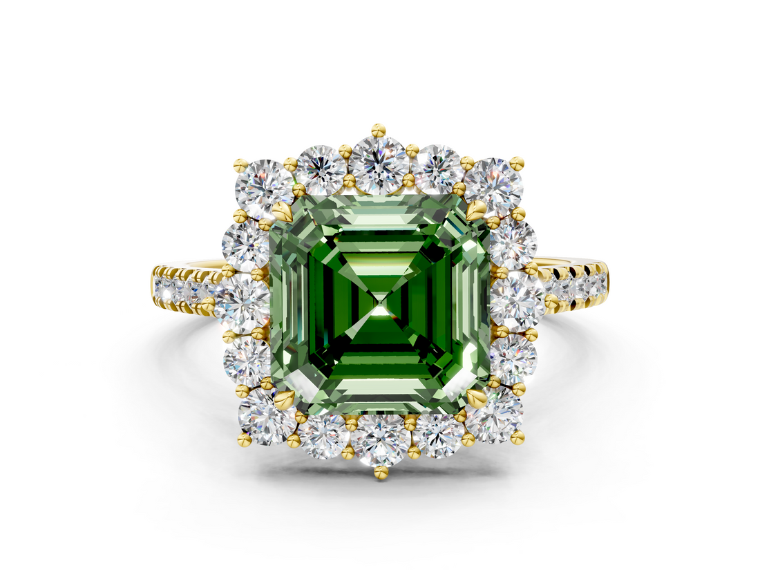 Yellow gold Fancy Green Asscher  Halo Diamond Ring with Pavé Band and Prong Setting_17