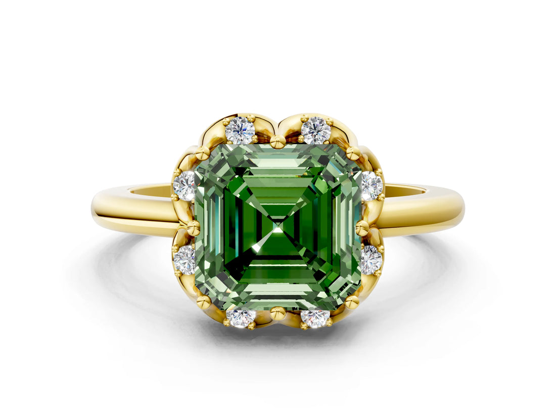 Yellow gold Fancy Green Asscher  Halo Diamond Ring with Round Cluster Setting, Solitaire Band, and Four-Prong Setting_28