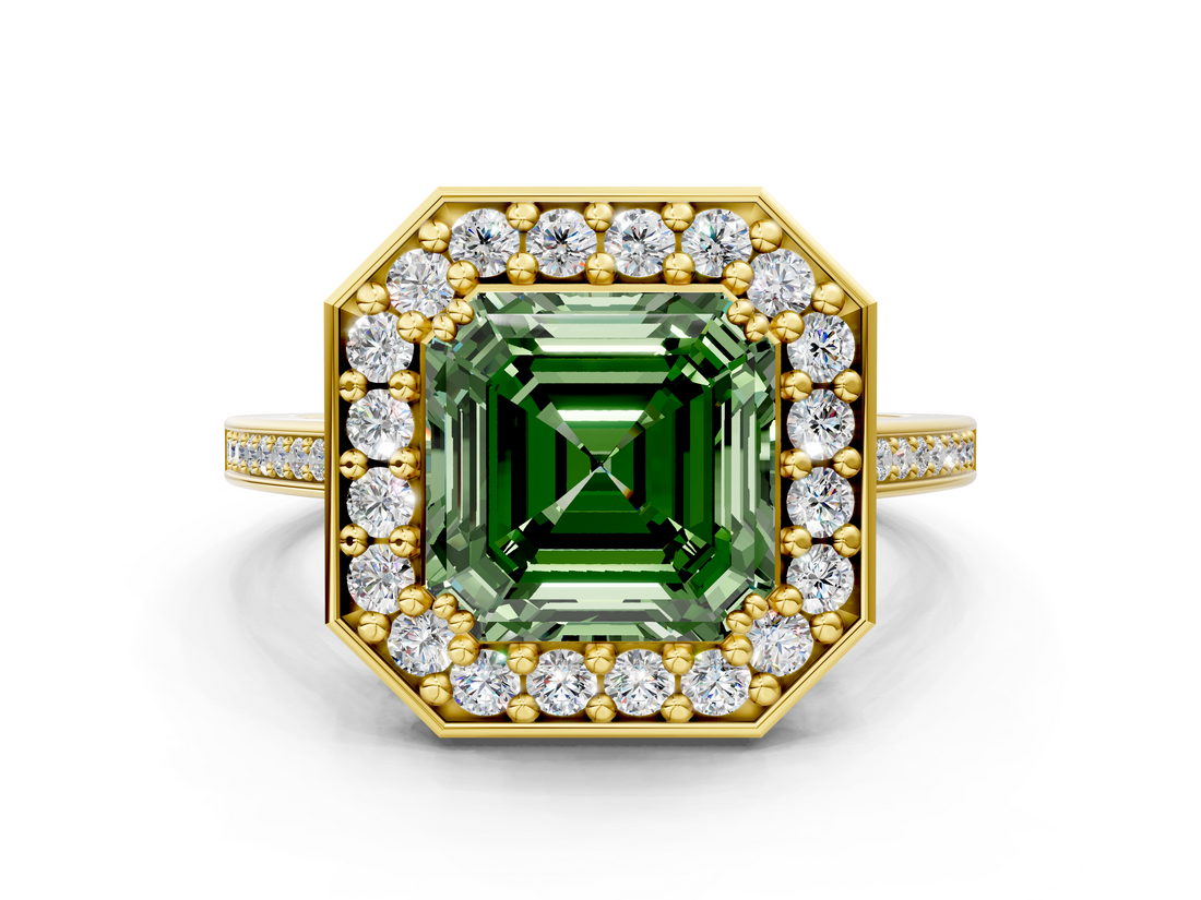 Yellow gold Fancy Green Asscher  Halo Diamond Ring with Split Shank and Four-Prong Setting