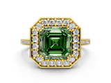 Yellow gold Fancy Green Asscher  Halo Diamond Ring with Split Shank and Four-Prong Setting