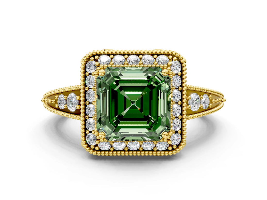 Yellow gold Fancy Green Asscher  Halo Diamond Split Shank Ring with Milgrain Detail_50