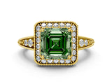 Yellow gold Fancy Green Asscher  Halo Diamond Split Shank Ring with Milgrain Detail_50