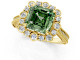 Yellow gold Fancy Green Asscher  Halo Milgrain Pave Diamond Ring with Four-Prong Setting 1