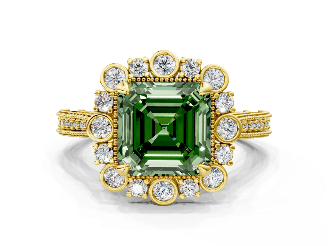 Yellow gold Fancy Green Asscher  Halo Milgrain Pave Diamond Ring with Four-Prong Setting