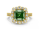 Yellow gold Fancy Green Asscher  Halo Milgrain Pave Diamond Ring with Four-Prong Setting