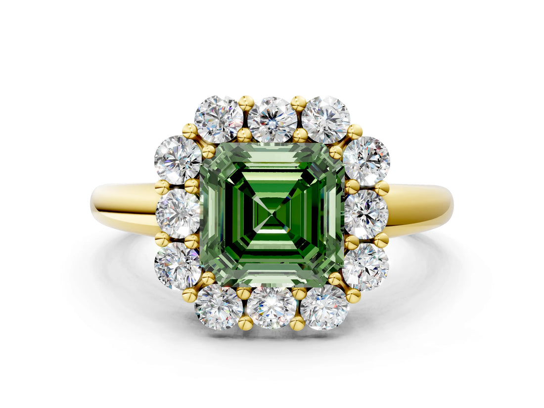 Yellow gold Fancy Green Asscher  Halo Milgrain Solitaire with Bezel Set Side Stones and Pave Band_32