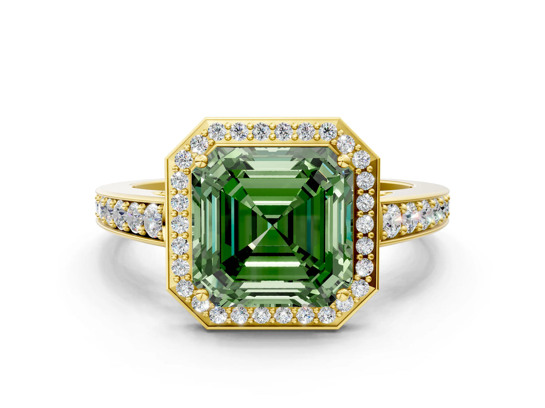 Yellow gold Fancy Green Asscher  Halo Pavé Diamond Engagement Ring with Bezel Setting_17
