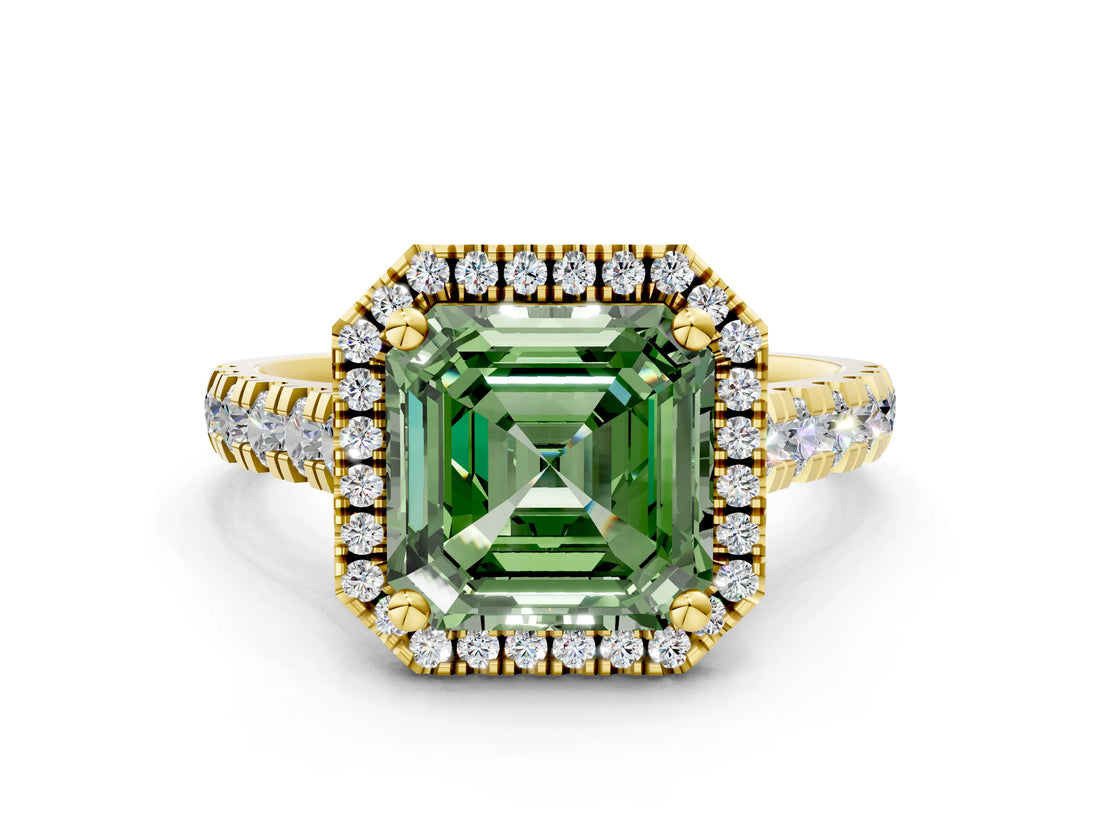 Yellow gold Fancy Green Asscher  Halo Pavé Diamond Engagement Ring with Four-Prong Setting_25