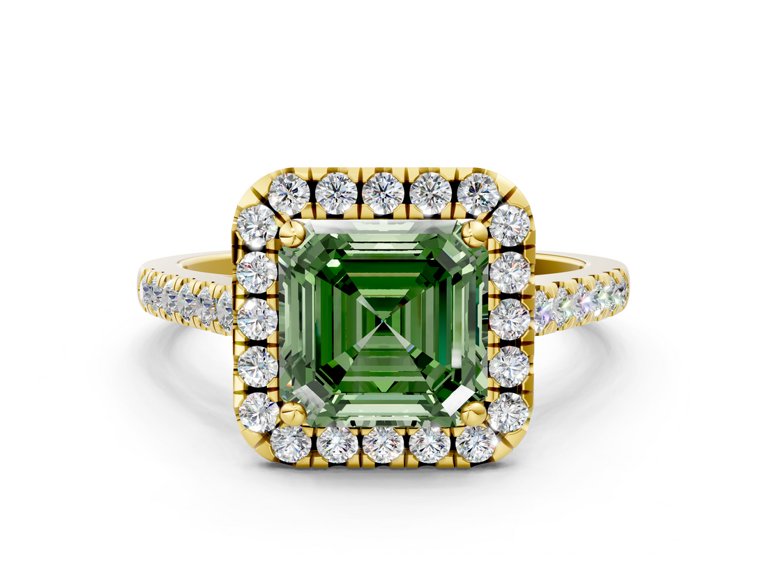 Yellow gold Fancy Green Asscher  Halo Pavé Diamond Engagement Ring with Four-Prong Setting_3