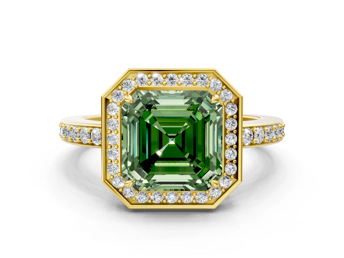 Yellow gold Fancy Green Asscher  Halo Pave Band Solitaire Ring with Prong Setting_46