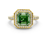 Yellow gold Fancy Green Asscher  Halo Pave Band Solitaire Ring with Prong Setting_46