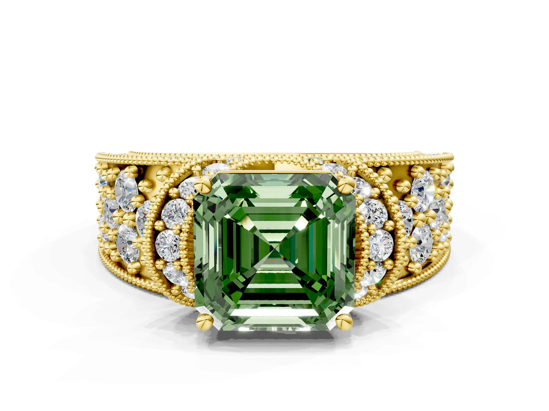 Yellow gold Fancy Green Asscher  Halo Pave Diamond Engagement Ring with Milgrain Detailing_48