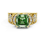 Yellow gold Fancy Green Asscher  Halo Pave Diamond Engagement Ring with Milgrain Detailing_48