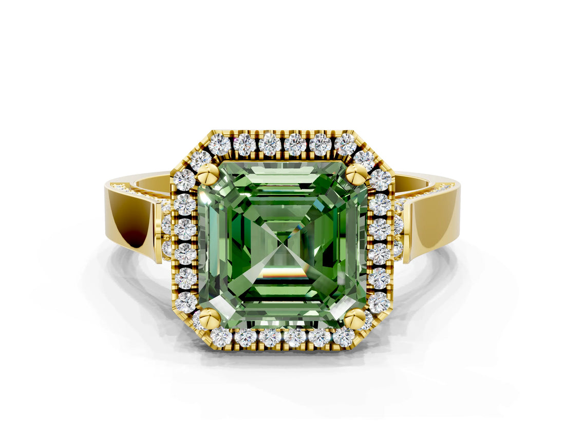 Yellow gold Fancy Green Asscher  Halo Pave Split Shank Prong Setting Ring_25