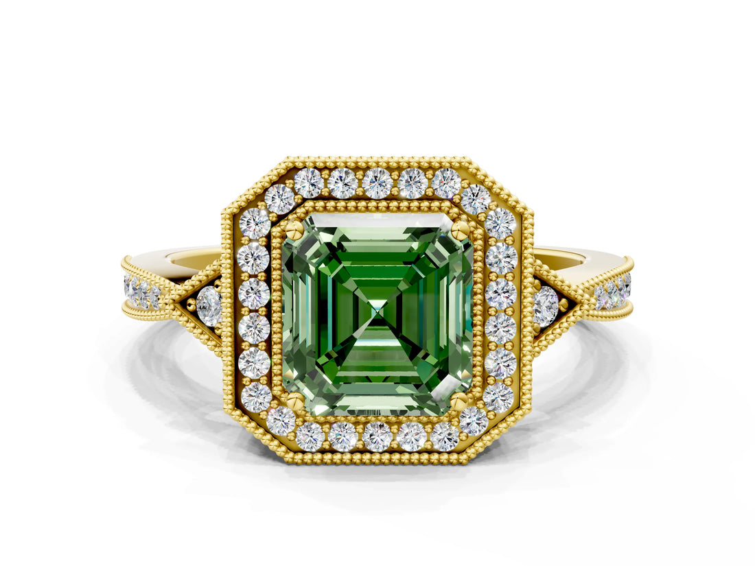 Yellow gold Fancy Green Asscher  Halo Round Diamond Milgrain Pave Engagement Ring_3