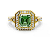 Yellow gold Fancy Green Asscher  Halo Round Diamond Milgrain Pave Engagement Ring_3