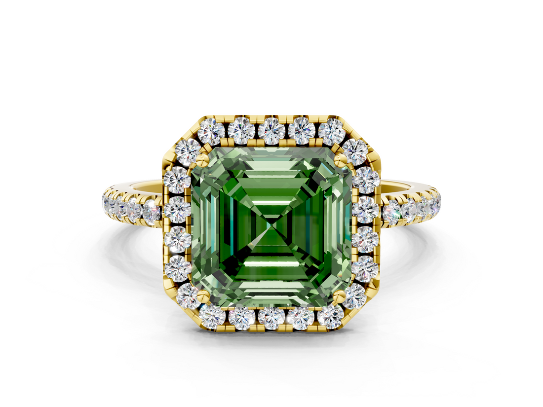 Yellow gold Fancy Green Asscher  Halo Round Diamond Pavé Band Four-Prong Ring_3