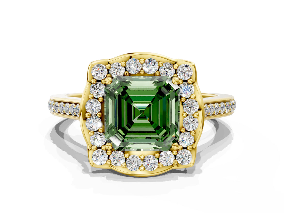 Yellow gold Fancy Green Asscher  Halo Round Diamond Pave Band with Four-Prong Setting_57
