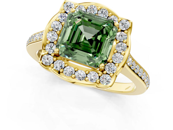 Yellow Gold Asscher Cut Petal-Tip Halo Pave Engagement Ring Setting for Fancy Green Center