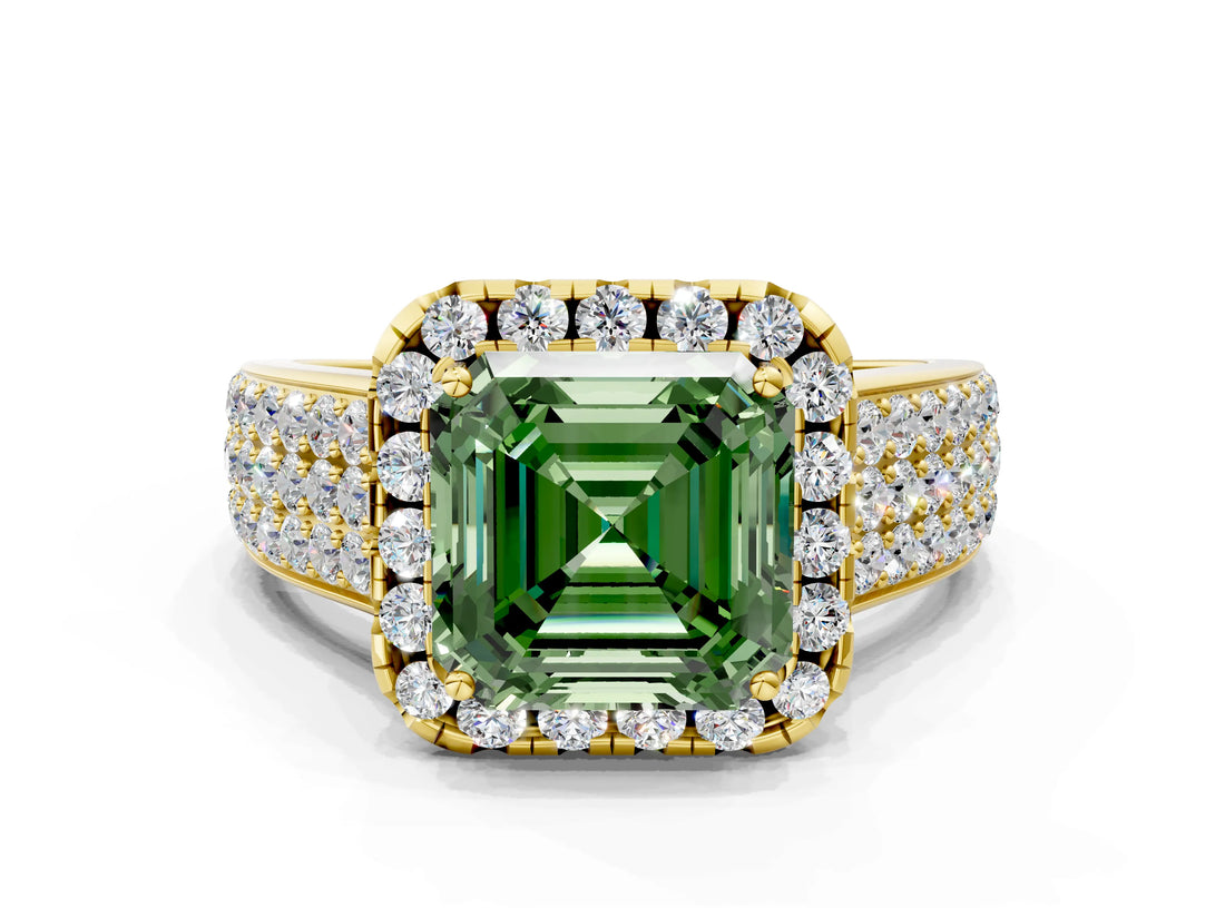 Yellow gold Fancy Green Asscher  Halo Round Diamond Pave Band with Prong Setting