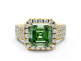 Yellow gold Fancy Green Asscher  Halo Round Diamond Pave Band with Prong Setting