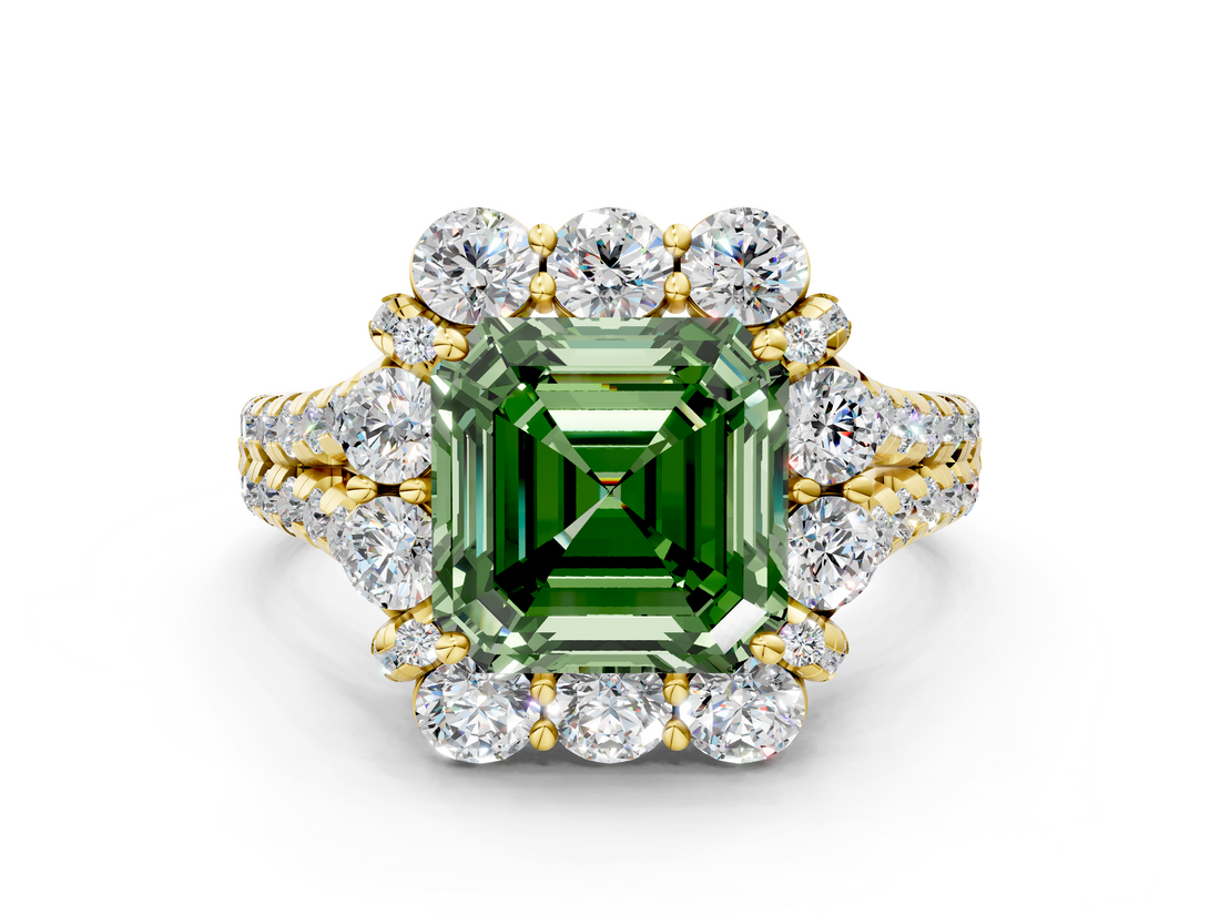 Yellow gold Fancy Green Asscher  Halo Split Shank Diamond Engagement Ring with Pave Band and Four-Prong Setting_17