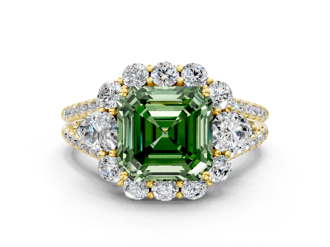 Yellow gold Fancy Green Asscher  Halo Split Shank Diamond Engagement Ring with Prong Setting_18