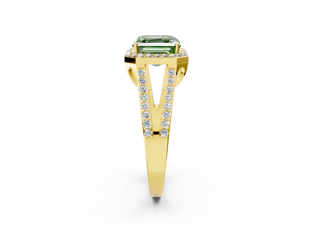 Yellow gold Fancy Green Asscher  Halo Split Shank Diamond Ring with Four-Prong Setting_18