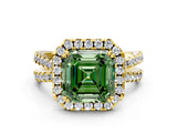 Yellow gold Fancy Green Asscher  Halo Split Shank Diamond Ring with Pavé Setting