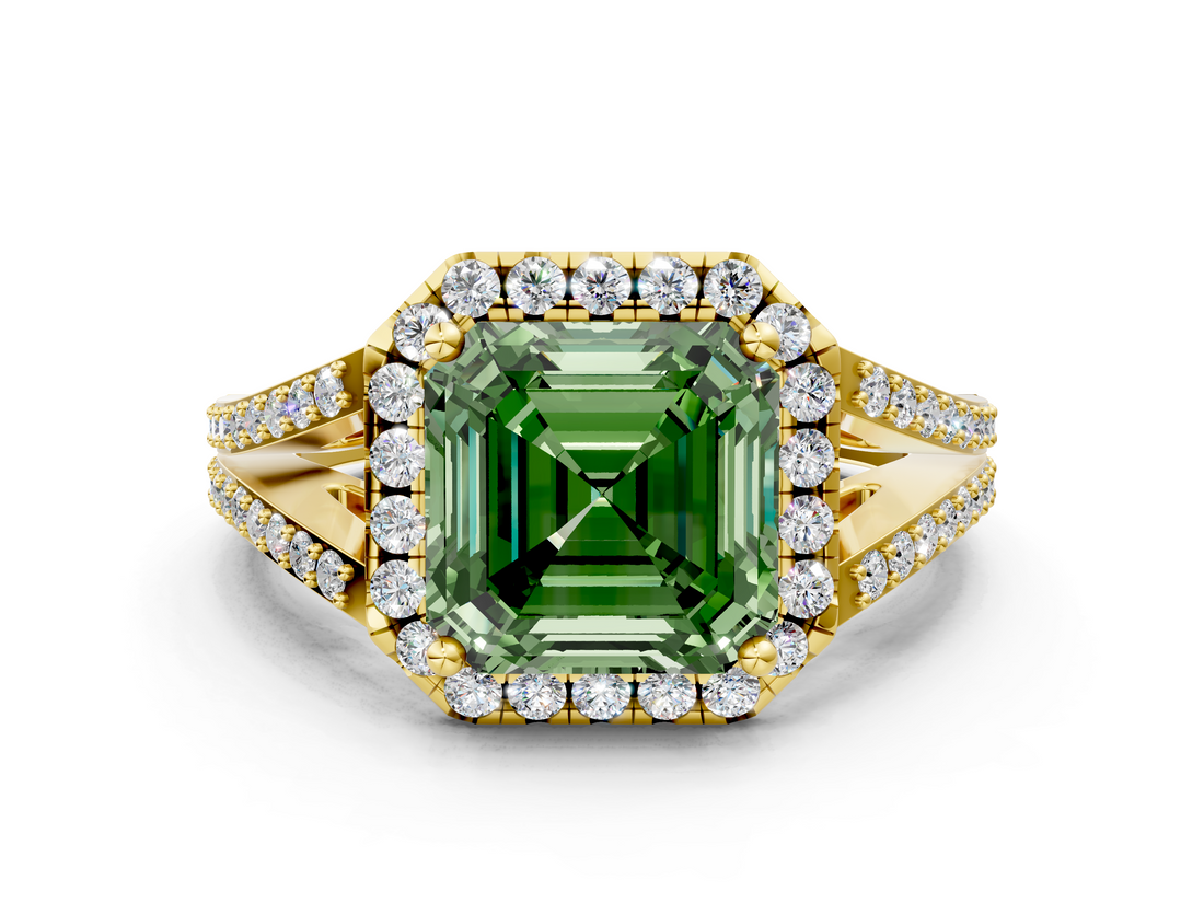 Yellow gold Fancy Green Asscher  Halo Split Shank Diamond Ring with Prong Setting