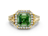 Yellow gold Fancy Green Asscher  Halo Split Shank Diamond Ring with Prong Setting