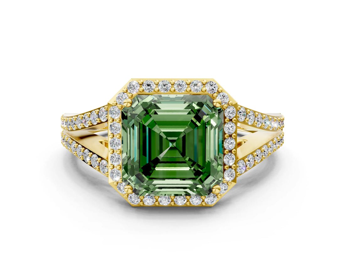 Yellow gold Fancy Green Asscher  Halo Split Shank Pave Diamond Ring with Four-Prong Setting_47