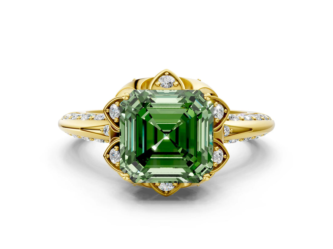 Yellow gold Fancy Green Asscher  Halo Split Shank Pave Diamond Ring with Petal Prong Setting_20