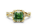 Yellow gold Fancy Green Asscher  Halo Twist Band Solitaire Ring with Six-Prong Setting_32