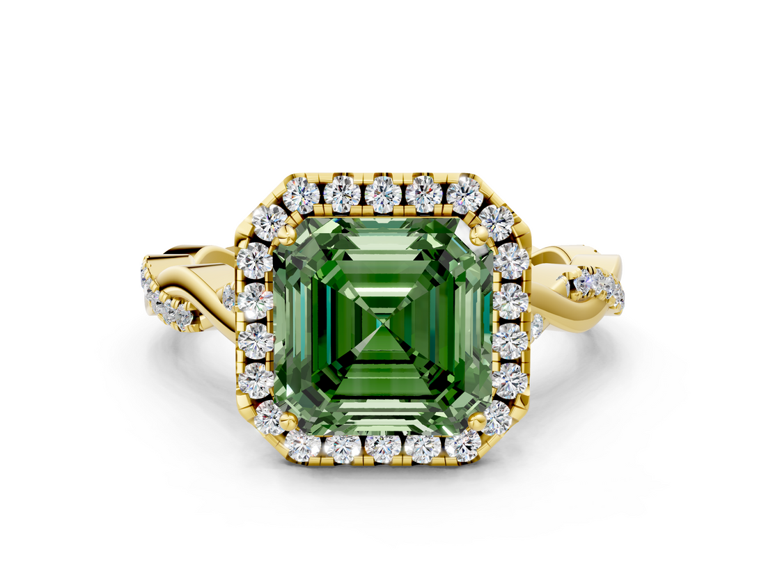 Yellow gold Fancy Green Asscher  Halo Twist Band Solitaire Ring