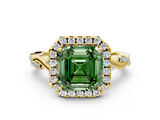 Yellow gold Fancy Green Asscher  Halo Twist Band Solitaire Ring