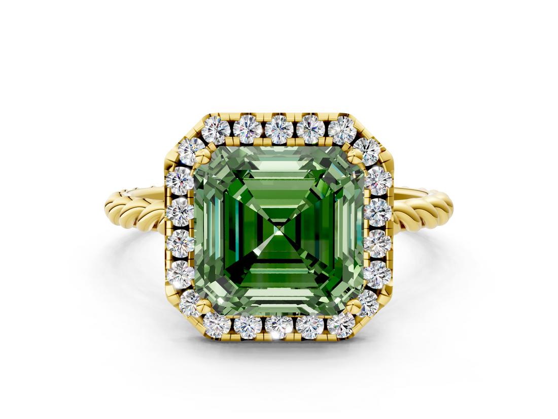Yellow gold Fancy Green Asscher  Halo Twisted Band Four-Prong Diamond Ring