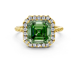 Yellow gold Fancy Green Asscher  Halo Twisted Band Four-Prong Diamond Ring