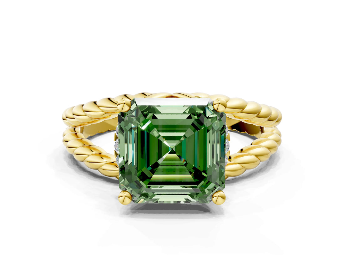 Yellow gold Fancy Green Asscher  Halo Twisted Band Four-Prong Ring_32