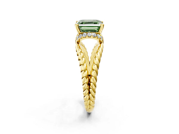 Yellow Gold Asscher Cut Engagement Ring Setting for Fancy Green Center with Rope Split Shank