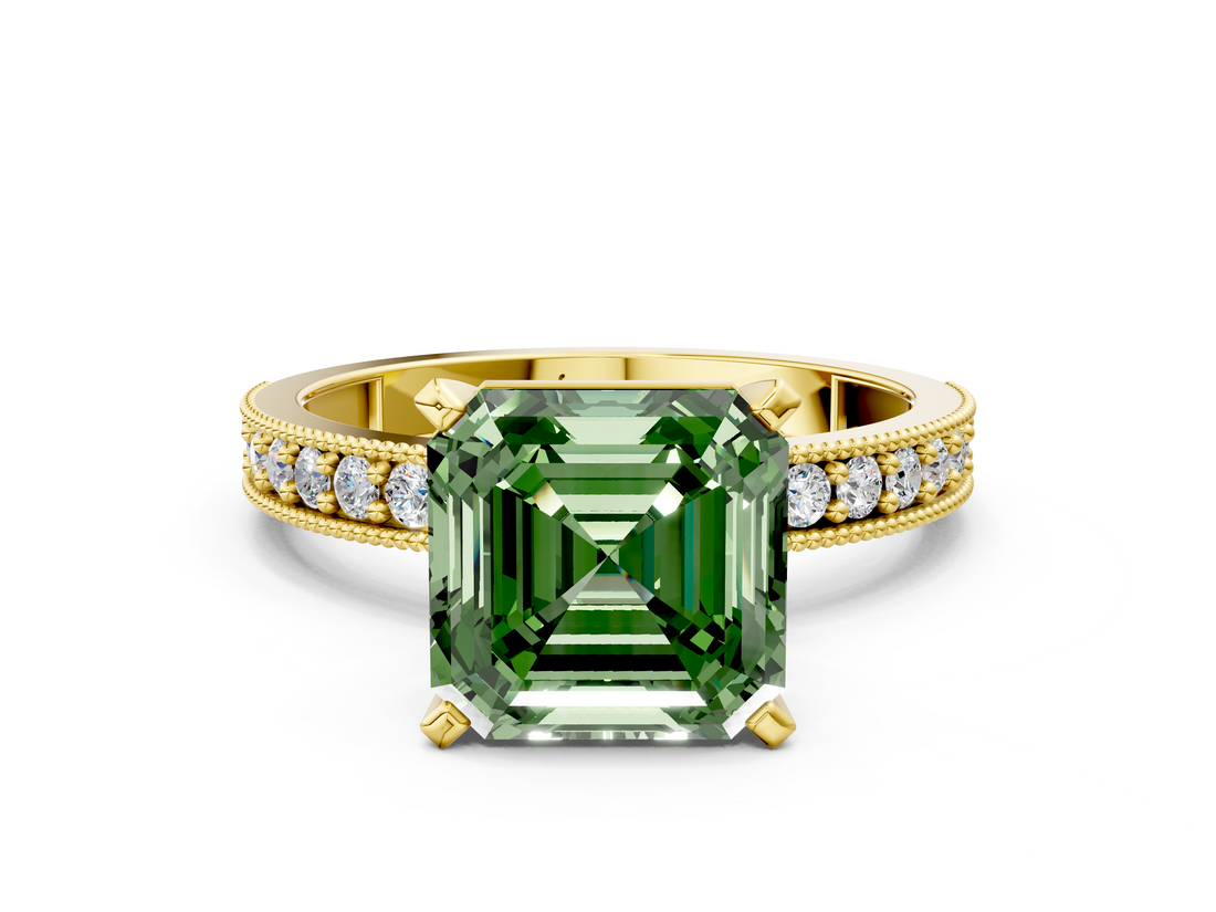Yellow gold Fancy Green Asscher  Milgrain Pave Diamond Engagement Ring with Four-Prong Setting